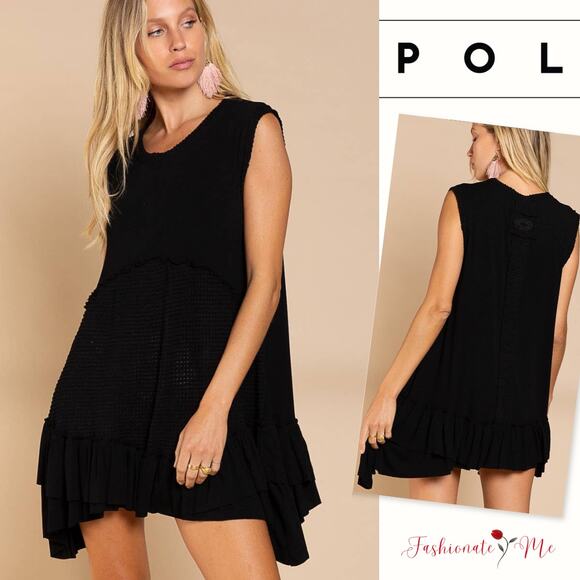 💣POL Thermal Contrast Band Ruffle Hem Sleeveless Babydoll Mini Dress | Size M - Picture 7 of 7